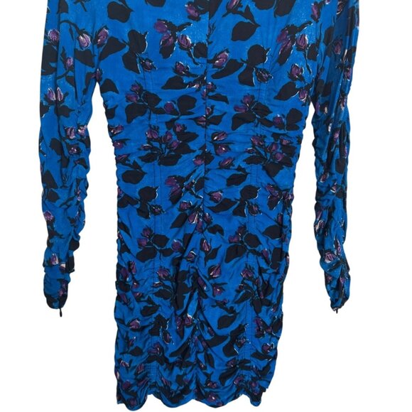 Zara Small Floral Ruched Mini Dress Long Sleeves With Zipper Blue/Black/Purple - Picture 11 of 14